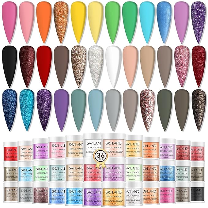 SAVILAND Color Artistry Acrylic Powder Set 36 Colors: Creative Palette Keratin Acrylic Nail Powder Pink Nude Yellow White Nail Powders Kit For Extension Carving DIY Manicure 10g