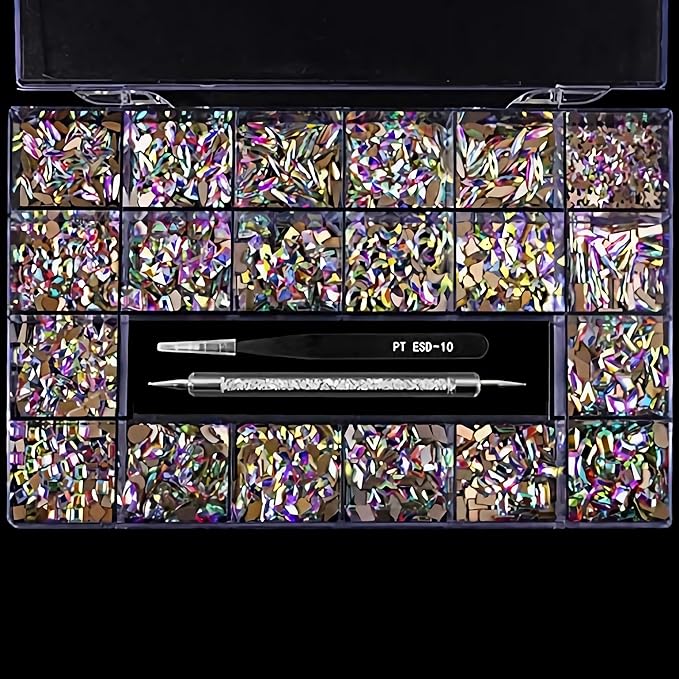 20 Types of 2000 Crystal AB Diamonds Mix Flatback DIY Crafts Rhinestone Crystals 3D Decorations Flat Back Stones Set +Tweezers + Drill Pen