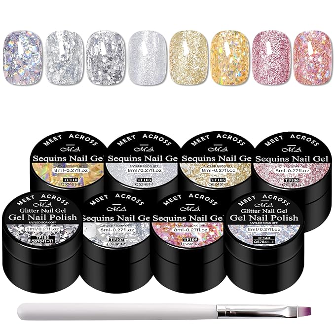 MEET ACROSS 9Pcs Glitter Gel Nail Polish Sliver Broken Gold Pink Flash Gel Polish Kit with Nail Brush, Soak Off UV LED Nail Art Salon & DIY Manicure at Home 8 Colors