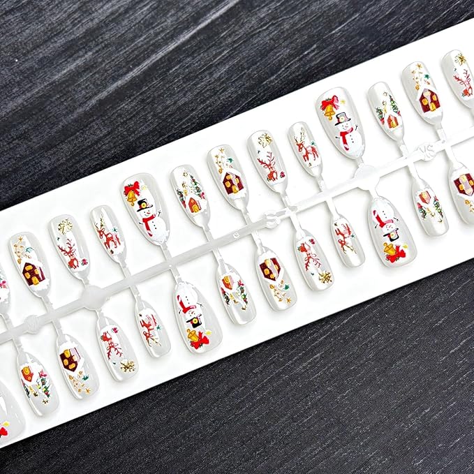 30Pcs Christmas Press on Nails Medium Almond Fake Nails Xmas Snowman False Nails with Gold Designs White Glossy on Nails Elk House Stick on Nail Full Cover Acrylic Nail for Women Manicure