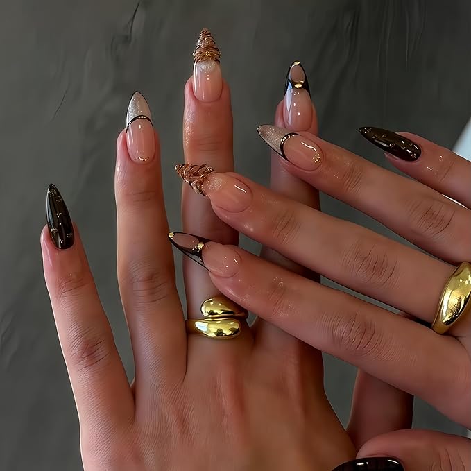 Long Press on Nails Almond Fake Nails Brown Acrylic Nail Press ons French with 3D Floral Designs Stick on Nail for Women 24pcs