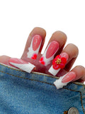 10PCS Red and White Press On Nails – Short Coffin Fake Nails with Swirl Design and 3D Flower Charms, Glossy Reusable Cute Nails for Women and Girls – Euphrosyne