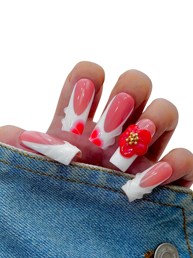 10PCS Red and White Press On Nails – Short Coffin Fake Nails with Swirl Design and 3D Flower Charms, Glossy Reusable Cute Nails for Women and Girls – Euphrosyne