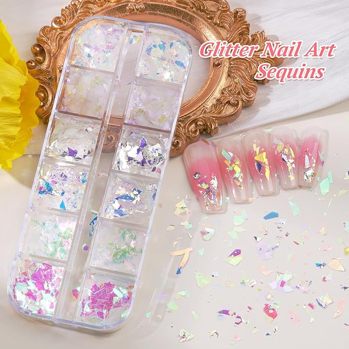 10 Boxes Nail Rhinestones Gems Kit,Gold/Silver Metal Studs,Mixed Sizes Flatback Crystals Rhinestones,Half Pearls,Sequins,Foil Flakes with Tweezers & Dotting Tools for DIY Manicure