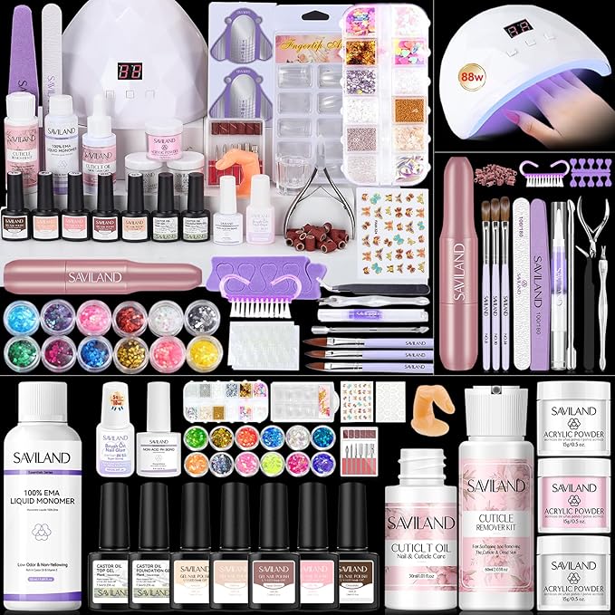 SAVILAND Essentials All-In-1 Acrylic Nail Kit with Drill: Nourishing Nail Kit for Beginners with Everything Clear White Pink Acrylic Powder Liquid Set 88W Nail Lamp Gel Nail Polish For Home DIY