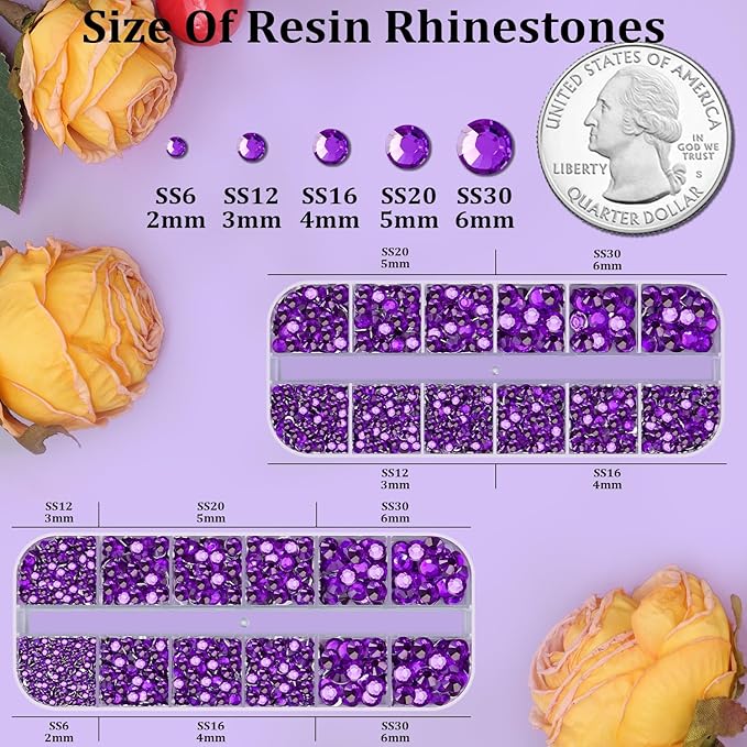 Resin Rhinestones for Crafting, 2 Boxes Dark Violet Flatback Crystals for Bedazzling Crafts DIY Nail Art Deco, Non Hotfix Bulk Gems for Tumbler Shoes Clothing Fabric Face Makeup