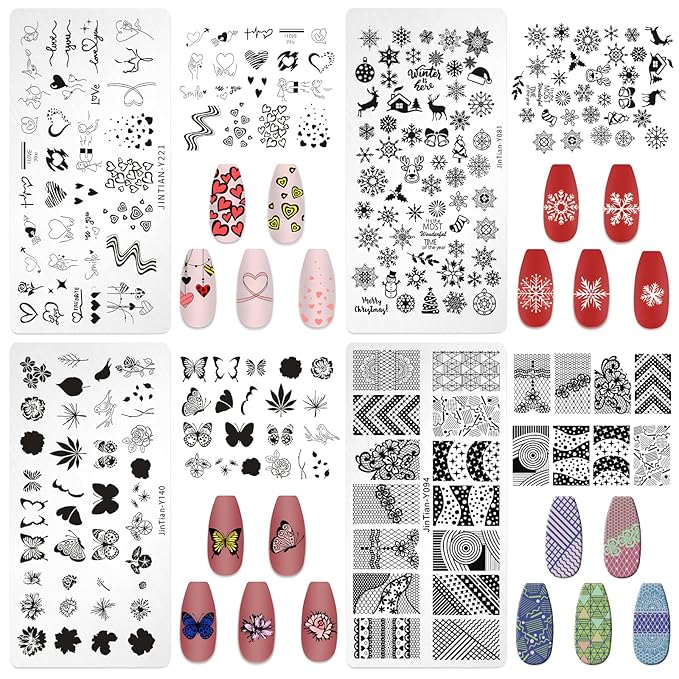 7pc Nail Stamping Plate Kit Letter Butterfly Nails Stamp Plate Lace Flower Geometric Nail Art Template Stencil Fingernail Polish Stamps Plates Set Stamper Scraper French Tips Nails Design Tools