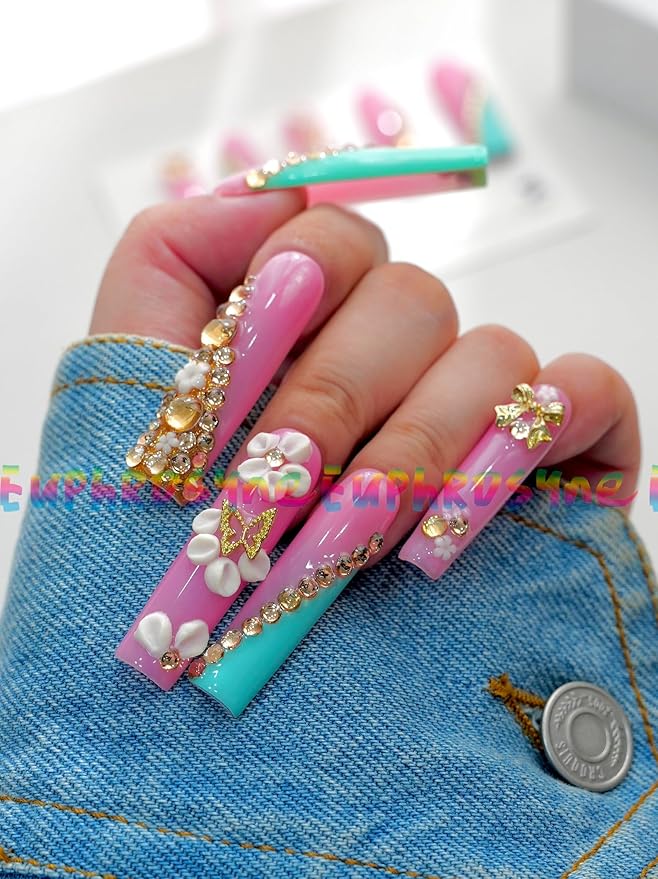 Coffin Press On Nails – 10pcs Long Pink Fake Nails with Rhinestones, 3D Flowers & Butterfly Charms | Glossy Stick On Acrylic Nails for Women Party or Daily Wear