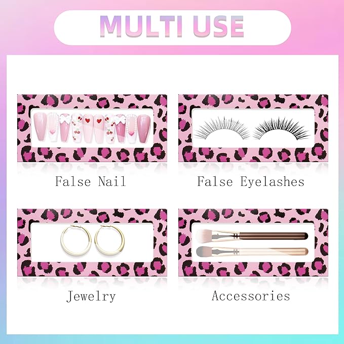 74PCS Press on Nails Packaging Box Set Includes 35PCS Empty Nail Package Box 35PCS White Background Paper 1 Double Sided Tape and 3 Thank You Stickers for Press on Nail Business (Pink Leopard)