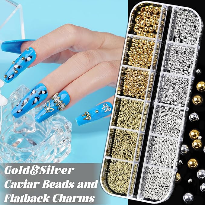 Nail Charms and Gems Set, 6 Boxes Mixed Color Rhinestones Clear Gold Silver Bead Decorations White Beige Pearls for Crafting, 30 Sheets Gold Stickers for Nails with Tweezers for Women Nail Art DIY