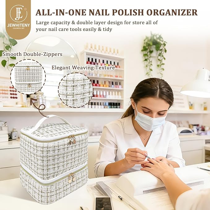 JEWHITENY Nail Polish Organizer Bag Holds 30 Bottles & Nail Lamp,Double-Layer Nail Polish Storage Bag with Adjustable Dividers,Portable Nail Kit Bag For Nail Stuff & Manicure Tools (White)