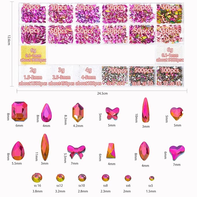 Nail Rhinestones Kit 9080PCS Flatback Rhinestones for Nail Crystals Decoration Nail Hearts Multi Shapes Mix Size Metal Beads Pearl Gold Silver with Glue Gel and Pen Brush Tweezers (Flame Red)
