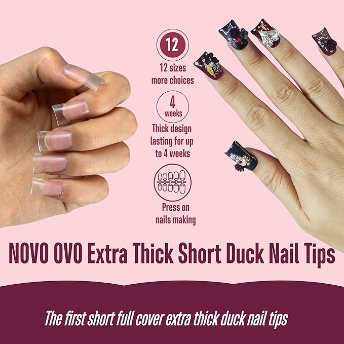 NOVO OVO Upgraded Extra Thick Short Duck Feet Nail Tips Full Cover for Press on Acrylic, Clear Pre-Etched Matter Flare Wide French Soft Gel Fake False Nail Extension Full Coverage x 12 Sizes 360 pcs
