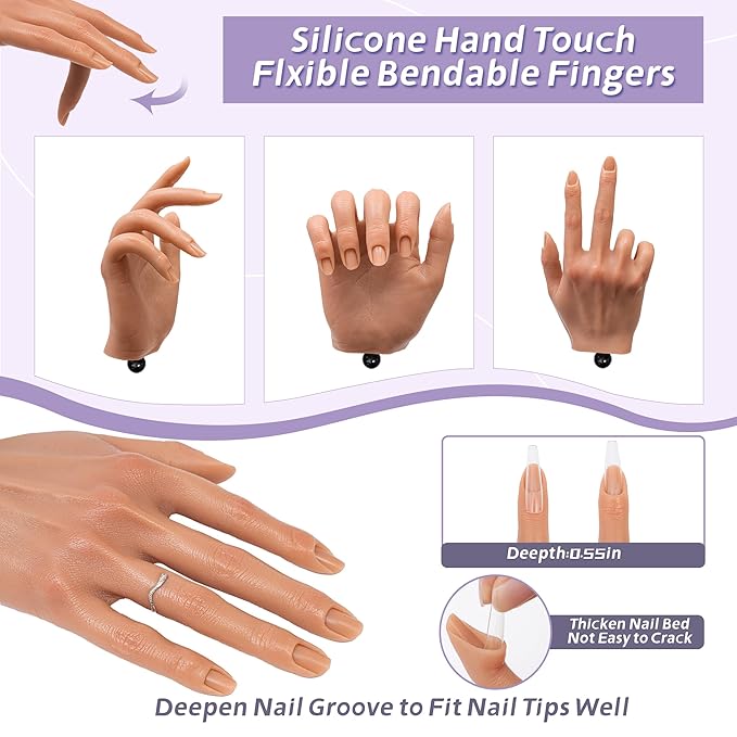 Practice Hand for Acrylic Nails, Silicone Nail Hand Practice, Flexible Fingers Fake Training Hand False Mannequin Hands for Nail Practice, Hand Model Kit for Nail Supplies Manicure Beginners