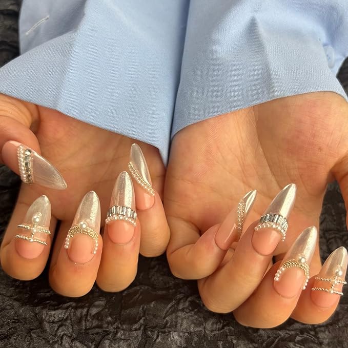 Trendy Handmade Press On French Nails Medium Almond Shape,10Pcs Thick Acrylic Fake Nails with 3D Pearl Cute Design Clip On Nail for Woman Gift