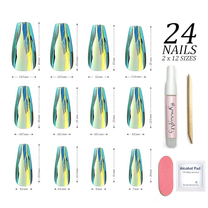 Hypnaughty 24 Pcs Chameleon Chrome Luxury Coffin Medium Long Press On Nails and Glue Reflective Mirror False Nails (Chameleon)