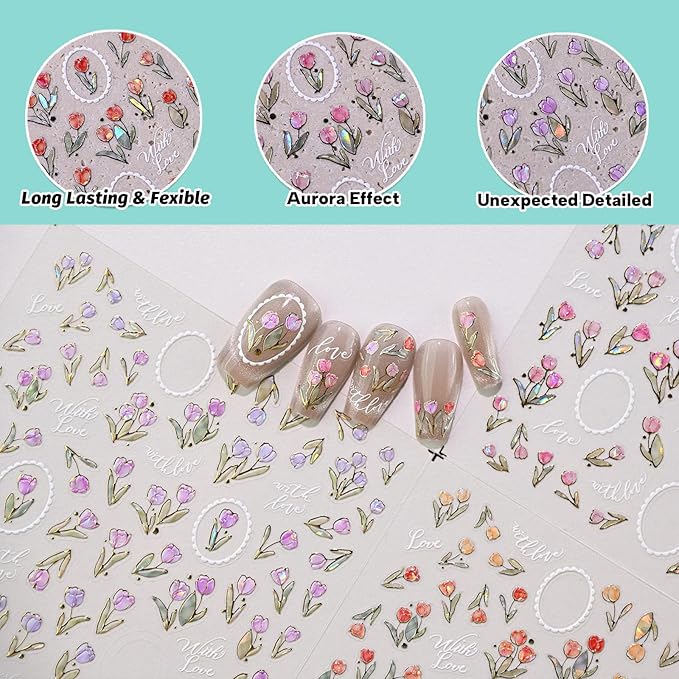 Aurora Tulip Floral Nail Art Stickers, Golden Flower Nail Decals, Self-Adhesive,Summer Spring Nail Accessories for Women, Nail Decorations 3 Sheets