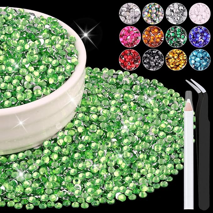 8000PCS 3mm Resin Rhinestones Bulk for Crafting (Light Green), Flatback Bedazzling Crystals for Crafts DIY Nail Decoration, Gems Charms for Tumbler Shoes Clothing Fabric with Pickup Pen and Tweezers