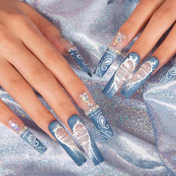 LOVFUL Press on Nails Denim Seraph Blue French Tip | Handmade with Full Covered Crystals | Reusable Fake Nails | Square Mid length 1.7in | H194-S