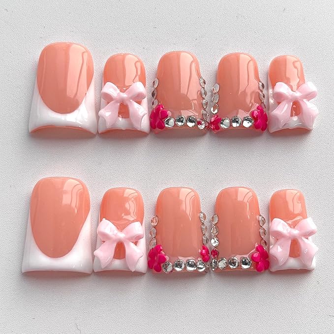 French Tip Press on Nails Handmade Short Duck 3D Floral Thick Acrylic Nails White False Nails with Bow Flower Rhinestones Designs Cute Glossy Fake Nail Sturdy Art Press on Nail 10Pcs(M)