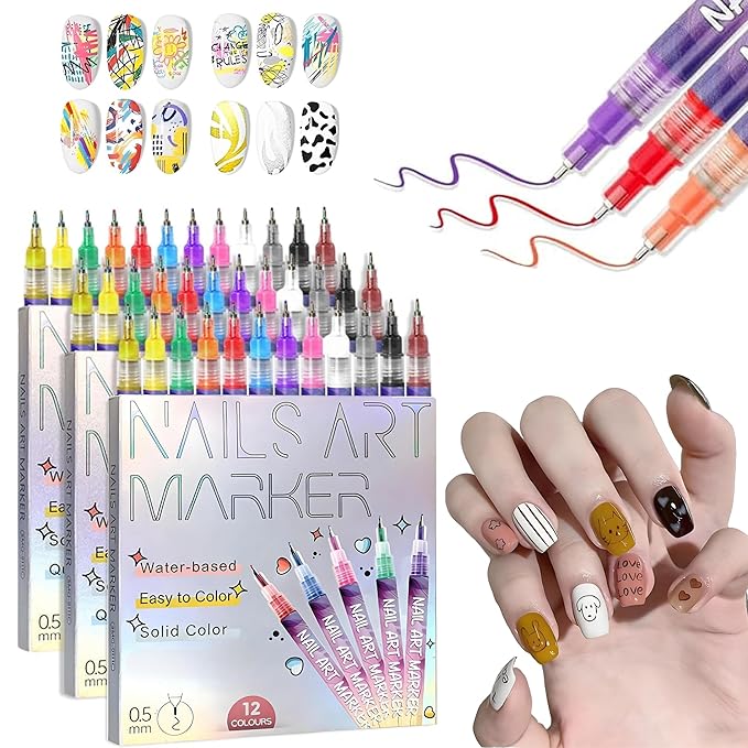 12 Colors Nails Art Pens Set,2026 Upgrade Nails Art Markers with 0.5mm Fine Tip,Drawing Painting Liner Brush for DIY Nails Art Beauty Adorn Manicure Tools(C-3 Set)