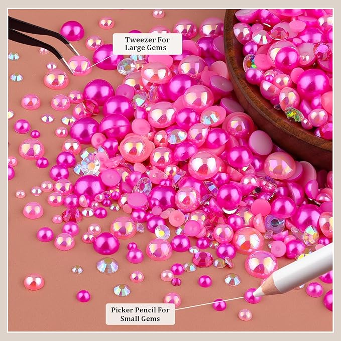 80g Flatback Pearls and Rhinestones for Crafting, Dark Pink 3-10mm Resin Rhinestones and Half Pearls for Bedazzling, Nail Art and Dec with 3pcs 10ml B7000 Jewelry Glue, Tweezer and Pickup Pencil