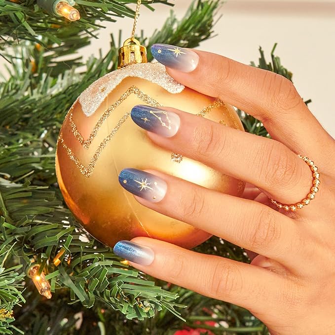 KISS Voguish Fantasy Holiday Press On Nails, ‘Merry Magic’, Navy, Medium Oval, No Damage To Natural Nails, Pink Gel Nail Glue (2g), Mini Nail File, Manicure Stick, & 28 Fake Nails