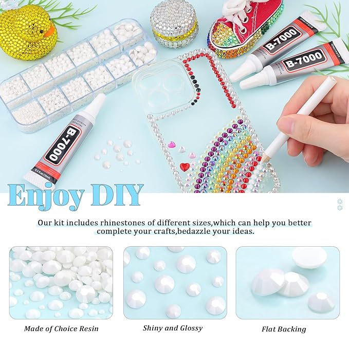 6000Pcs Resin Rhinestones for Bedazzling with 3Pcs B7000 Jewelry Glue, 1 Box White Flatback Rhinestones for Crafting Crafts DIY, Crystals Gems for Clothing Shoes Tumblers Nail Art Makeup