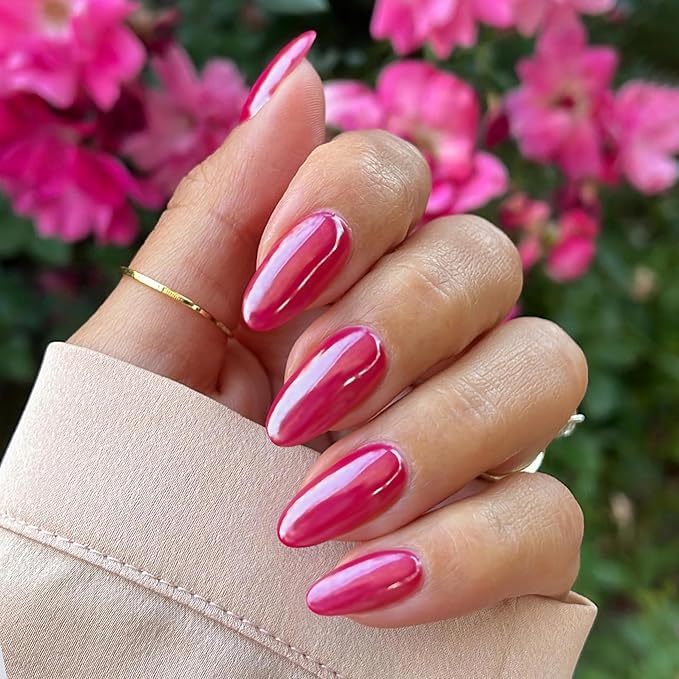 Chrome Press On Nails Almond, Glazed Hot Pink Round Glue on Nails Medium Press Ons, Acrylic Natural Fit Stick on Nails in 12 Sizes - 24Pcs Fake Nail Kit for Women Daily Party Wear