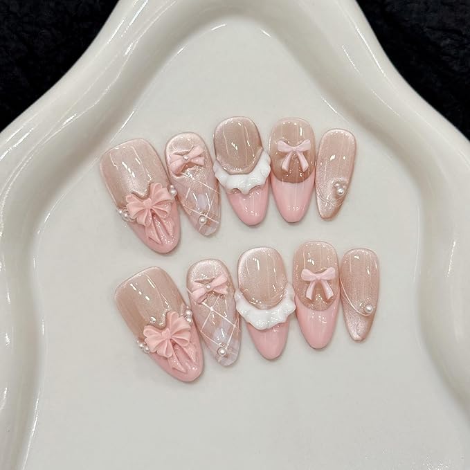 3D handmade nails press on false nails,Thick Strong Waterprooft almond pink white,pearl bow Stripes french elegant cute acrylic fake nails designed kit,10 Nails Size L #405