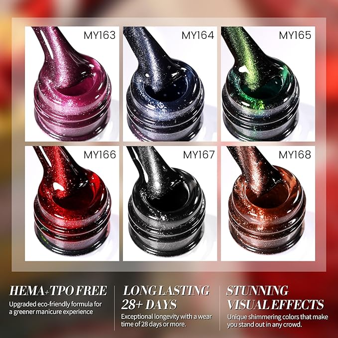 Born Pretty 6 Colors Christmas Cat Magnetic Eye Gel Nail Polish Set,Fall Winter Red Green Brown Black Blue Shimmer Glitter Holographic Magnetic Soak Off U V Nail Gel DIY Art for Girls Women 7ML
