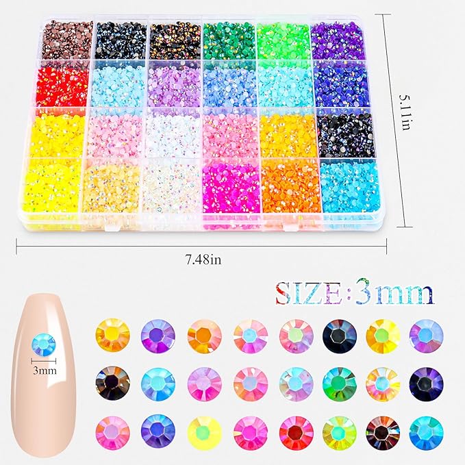 19200Pcs 24 Color Rhinestones for Bedazzling, 3mm Flatback Rhinestones for Diamond Art, Bedazzling kit with 3 x 15ml B7000 Jewellery Glue and 3D Nail Decorations for Nail Art Crafting Book Makeup