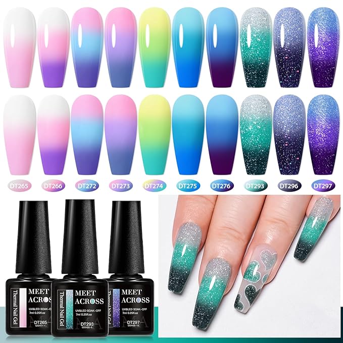 MEET ACROSS 12PCS Color Changing Gel Nail Polish Kit, Temperature Changing Gel Polish Set, Fall Winter Colors Trendy Natural Nail Art Manicure Gel Polish For Salon And Home DIY