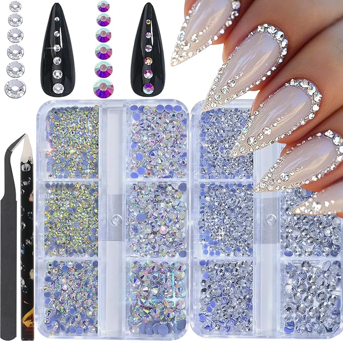 HNUIX Nail Rhinestones - 2880pcs Round Flat Back Gems Hotfix Rhinestones,Crystals,AB,with Kit, for Nail Art,Crafts Clothes DIY Decoration
