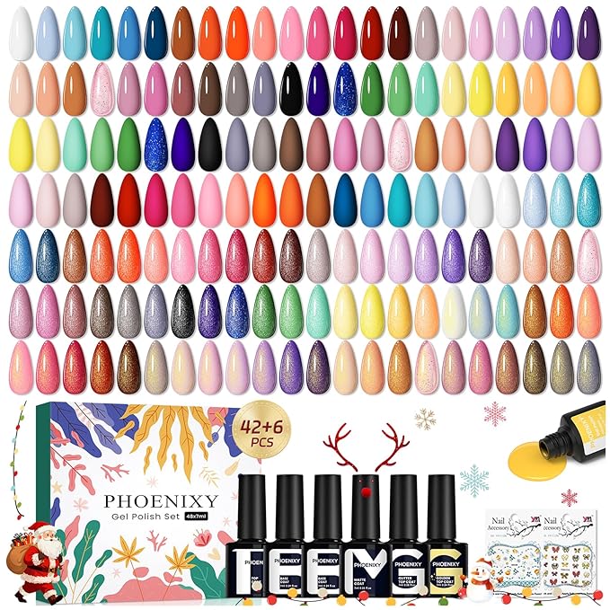 PHOENIXY 50 Pcs Gel Nail Polish Set, 42 Colors Gel Polish with Base & 4 Effects Top Coat All Seasons Nail Kit Gifts for Women Girls Nail Salon at Home