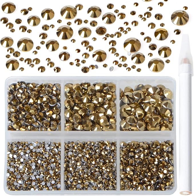 Bymitel 5000 Pieces 6 Mixed Sizes Glue Fix on Glass Rhinestones Round Crystal Gems Flatback for DIY Jewelry Making with one Picking Pen (6-Sizes 5000PCS, Aurum)
