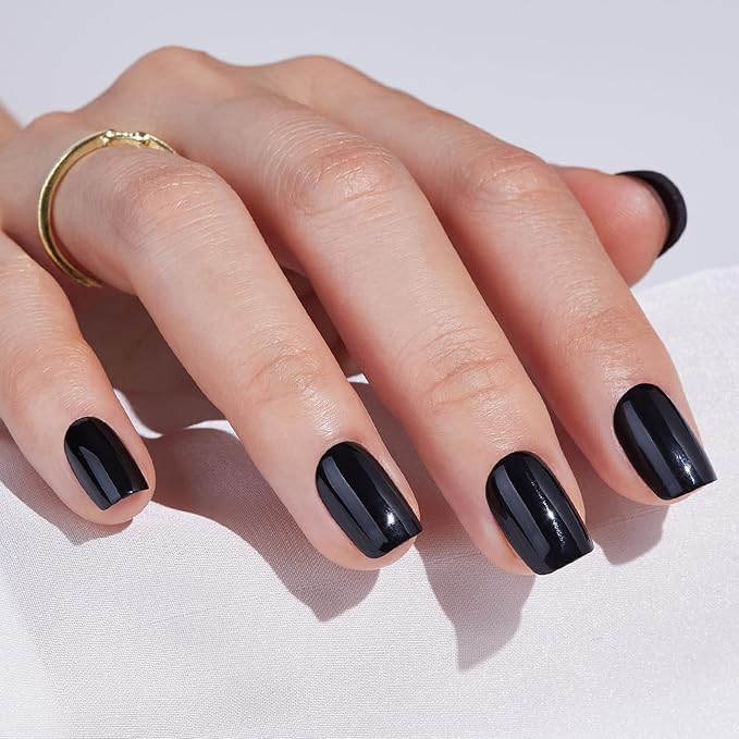 Press On Nails - Findigit Short Square Black False Stick Glue On Nails, Reusable Stick On Fake Nails with Glue Salon Quality 16 Sizes - 32 Nail Kits, Black Swan