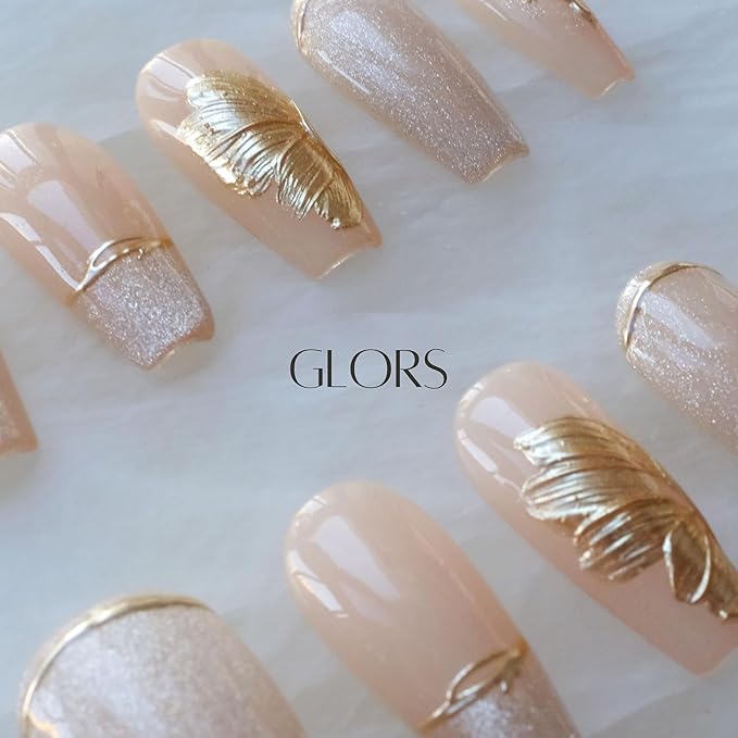 Press On Nails, Long Ballerina Style, Nude Pink with Gold Accents, 10 Pieces (Medium,LB)