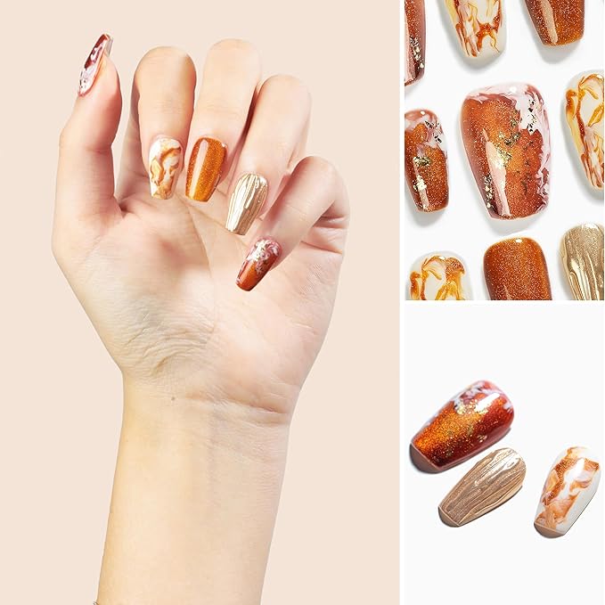 Sun&Beam Nails Handmade Press-on Short Coffin Ballerina Brown Gold White Amber Gradients Design False Nail Tips 10 Pcs (#134 S)