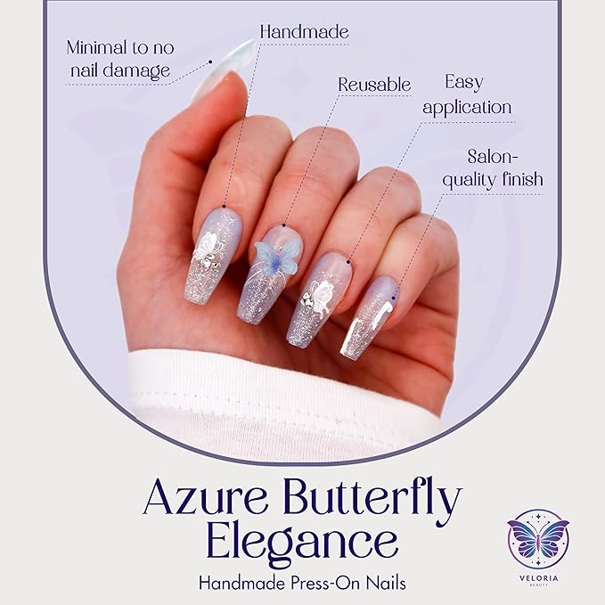 3D Handmade Press On Nails, Long Coffin Shaped w/Rhinestones & Blue Butterfly Charms, Acrylic, Gel, Reuseable Kit, For Women Daily Wear or Special Occasion (Azure Butterfly Elegance)