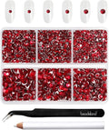 Beadsland 4300pcs Flatback Rhinestones, Red Rhinestone Nail Gems Round Crystal Rhinestones for Crafts,Mixed 6 Sizes with Picking Tweezers and Wax Pencil Kit, SS6-SS20, Siam