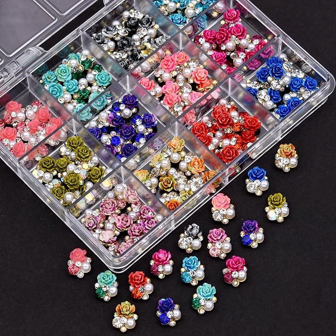 120PCS Y2K Nail Rhinestones Flowers - 3D Flower Nail Charms with Rhinestone, 12 Colors Floral Nail Jewelry Decor Accessories for Nails/Phone/Craft (Gold, Gift Ready)