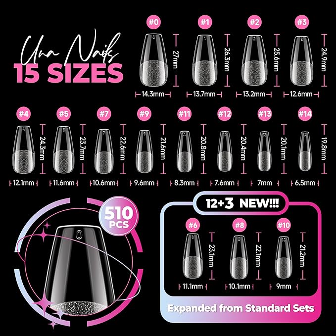 UNA GELLA Soft Gel Medium Coffin Nails Tips, 510Pcs 15 Sizes Pre-Buffed Full Cover False Nails, No File Needed Inner Matte Gel Tips, Clear PMMA Soak Off Acrylic Nail Extensions for DIY Nail Art
