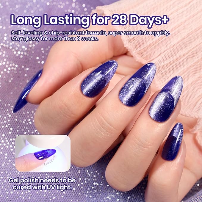 Beetles Cat Eye Gel Nail Polish, 15ML Purple Cat Eye Holographic Glitter Gel Polish with Magnet Soak Off UV Shimmer Velvet Gel Celestial Veil Series French Nail Art Design Manicure Gifts for Women