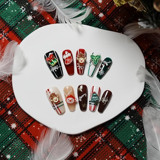 Christmas Press on Nails Medium Coffin Colorful Fake Nails with Cute 3D Elk Santa Claus Xmas Trees Candy Canes Design Winter Handmade Acrylic Nails for New Year (Holiday Gifts,M)