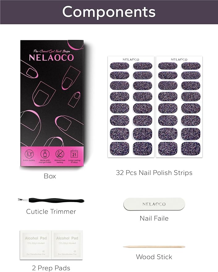 Nail Polish Strips – 32PCS UV Free Salon Quality Wraps, Long Lasting Gel Nail Stickers for Women (Garnet Glimmer)