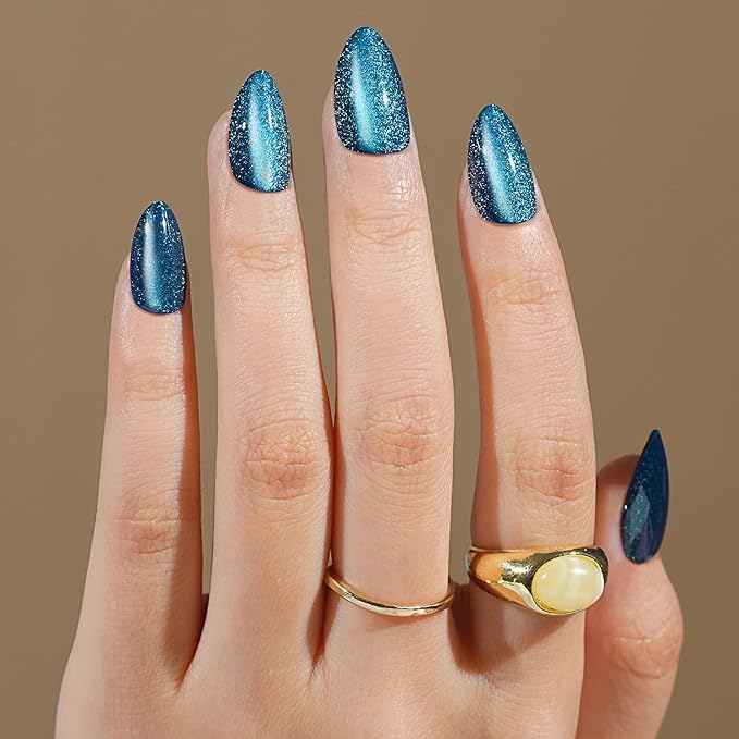 Blue Press on Nails Almond, Jofay Fashion Cat Eye Press on Nails, Soft Gel Fake Nails, Reusable & Natural Acrylic False Nails, Stick on Nails for Women Girls Gift, Glue on Nails Kit 32 Pcs
