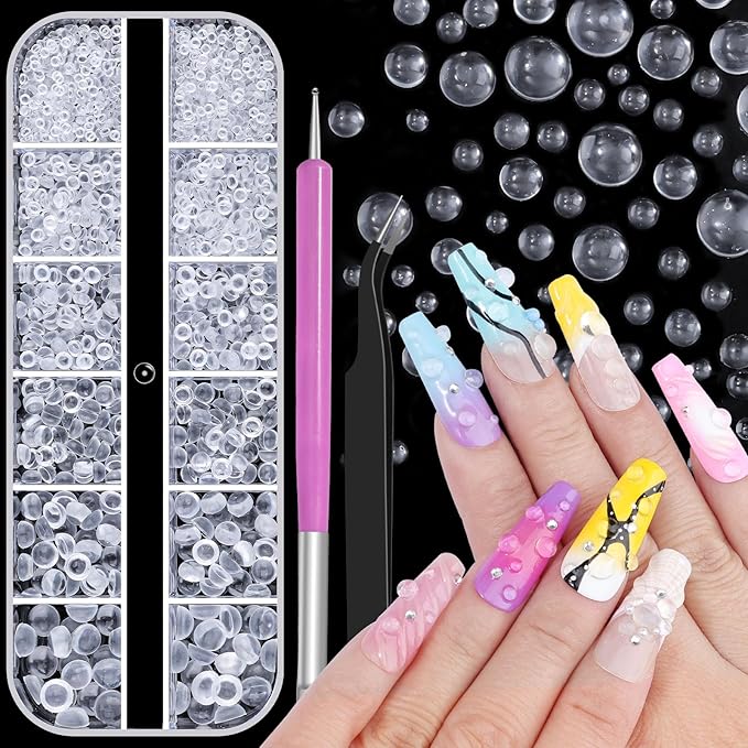 1600Pcs 3D Mixed Sizes Bubble Beads Nail Charms Jewelry, 2-6mm 3D Semi-Circular Dewdrop Water Droplets Bubble Balls Flatback Rhinestones Jewels Gems with Pickup Tools for Nails DIY Crafts(15-K1-beads)