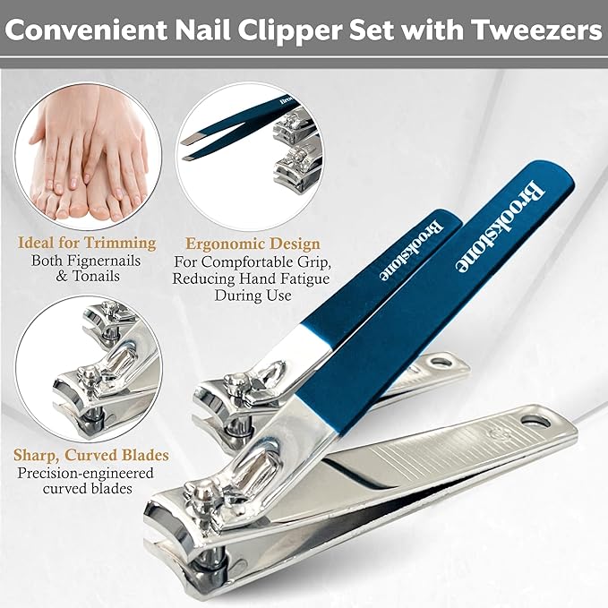 Brookstone Nail Clippers Set - Premium Stainless Steel Nail Clipper and Nail Cutter with Rubberized Non-Slip Grip, Includes Case and Tweezer, Two Nail Clippers for Precision Grooming (Navy)