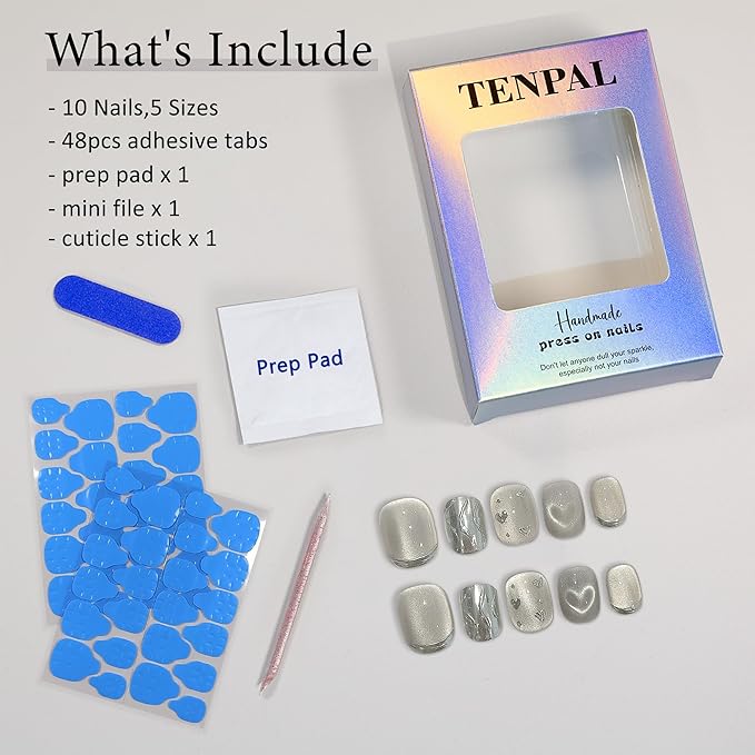 Press on Nails Short Squoval Square, Diamond Dust Hearts Holographic False Nails,Cat Eye Glow Glue on Nails,Icy Shimmer Fake Nails Kit,Luxe Sweet Ins Design False Nails with Tools 10pcs(S)
